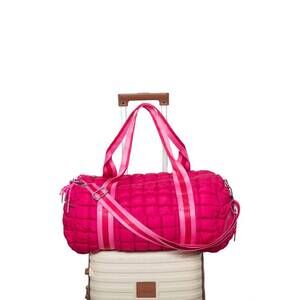 NEW KATYDID women's striped quilted duffel weekender bag in hot pink